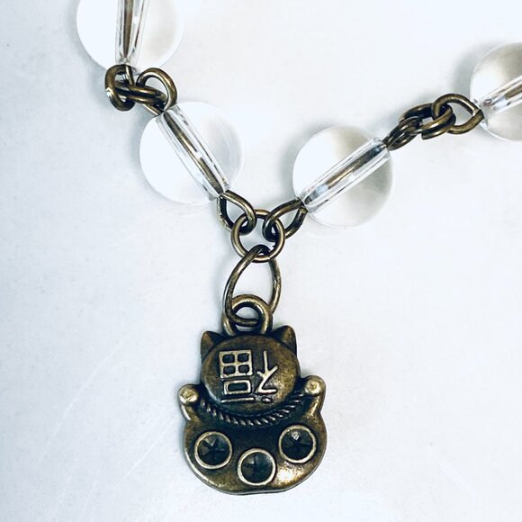 Genuine Clear Quartz Short Necklace, Cute Bronze Fortune Cat + Natural Gemstone - Picture 5 of 16